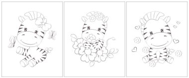 Beyaz çizgili şirin zebra siyahı. Boyama kitabı için 3 sayfa. Siyah beyaz şirin hayvan vektör çizimi. Kızlar ve oğlanlar için boyama sayfaları. 