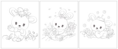 Tavşan siyah ve beyaz. Boyama kitabı için 3 sayfa. Siyah beyaz şirin hayvan vektör çizimi. Kızlar ve oğlanlar için boyama sayfaları.