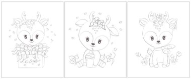 Geyik boyama sayfası. Boyama kitabı için 3 sayfa. Siyah beyaz şirin hayvan vektör çizimi. Kızlar ve oğlanlar için boyama sayfaları. 