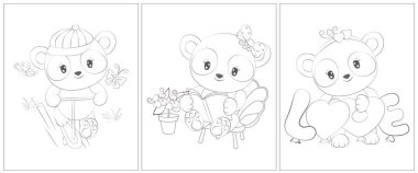 Siyah beyaz şirin panda. Boyama kitabı için 3 sayfa. Siyah beyaz şirin hayvan vektör çizimi. Kızlar ve oğlanlar için boyama sayfaları.