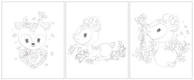 Geyik siyah ve beyaz. Boyama kitabı için 3 sayfa. Siyah beyaz şirin hayvan vektör çizimi. Kızlar ve oğlanlar için boyama sayfaları.