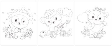 Panda boyama sayfası. Boyama kitabı için 3 sayfa. Siyah beyaz şirin hayvan vektör çizimi. Kızlar ve oğlanlar için boyama sayfaları. 