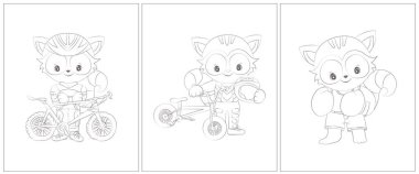 Güzel rakun boyama sayfası. Boyama kitabı için 3 sayfa. Siyah beyaz şirin hayvan vektör çizimi. Kızlar ve oğlanlar için boyama sayfaları. 