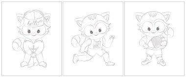 Siyah beyaz komik bir rakun. Boyama kitabı için 3 sayfa. Siyah beyaz şirin hayvan vektör çizimi. Kızlar ve oğlanlar için boyama sayfaları. 