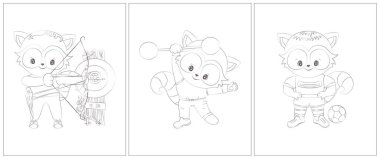 Siyah beyaz komik bir rakun. Boyama kitabı için 3 sayfa. Siyah beyaz şirin hayvan vektör çizimi. Kızlar ve oğlanlar için boyama sayfaları. 