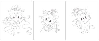 Güzel rakun boyama sayfası. Boyama kitabı için 3 sayfa. Siyah beyaz şirin hayvan vektör çizimi. Kızlar ve oğlanlar için boyama sayfaları. 