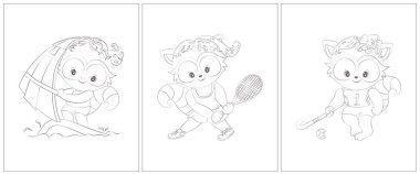 Siyah beyaz komik bir rakun. Boyama kitabı için 3 sayfa. Siyah beyaz şirin hayvan vektör çizimi. Kızlar ve oğlanlar için boyama sayfaları. 