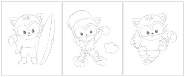 Siyah beyaz rakun atleti. Boyama kitabı için 3 sayfa. Siyah beyaz şirin hayvan vektör çizimi. Kızlar ve oğlanlar için boyama sayfaları. 