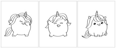 Renklendirmek için tek boynuzlu at resimleri doldur. Boyama kitabı için 3 sayfa. Siyah beyaz şirin hayvan vektör çizimi. Kızlar ve oğlanlar için boyama sayfaları. 