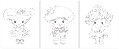 Siyah beyaz çizgi film karakterleri mantar. Boyama kitabı için 3 sayfa. Siyah beyaz şirin hayvan vektör çizimi. Kızlar ve oğlanlar için boyama sayfaları. 