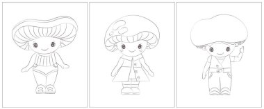 Çizgi film karakteri mantar boyama sayfası. Boyama kitabı için 3 sayfa. Siyah beyaz şirin hayvan vektör çizimi. Kızlar ve oğlanlar için boyama sayfaları.