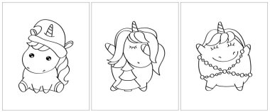 Noel tek boynuzlu atı, siyah beyaz. Boyama kitabı için 3 sayfa. Siyah beyaz şirin hayvan vektör çizimi. Kızlar ve oğlanlar için boyama sayfaları. 