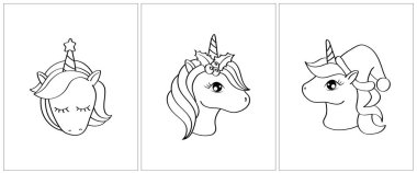 Noel tek boynuzlu atı boyama sayfası. Boyama kitabı için 3 sayfa. Siyah beyaz şirin hayvan vektör çizimi. Kızlar ve oğlanlar için boyama sayfaları. 