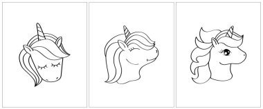 Tek boynuzlu at yüzü siyah beyaza bölünür. Boyama kitabı için 3 sayfa. Siyah beyaz şirin hayvan vektör çizimi. Kızlar ve oğlanlar için boyama sayfaları.