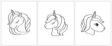 Tek boynuzlu atın yüz boyama sayfası. Boyama kitabı için 3 sayfa. Siyah beyaz şirin hayvan vektör çizimi. Kızlar ve oğlanlar için boyama sayfaları. 