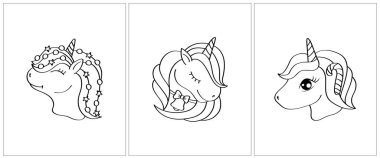 Noel 'in tek boynuzlu atı siyah ve beyaza dönüşüyor. Boyama kitabı için 3 sayfa. Siyah beyaz şirin hayvan vektör çizimi. Kızlar ve oğlanlar için boyama sayfaları.