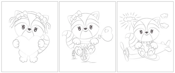 Cute Raccoon Coloring Page Kids Set Pages Coloring Book Cute — Wektor stockowy