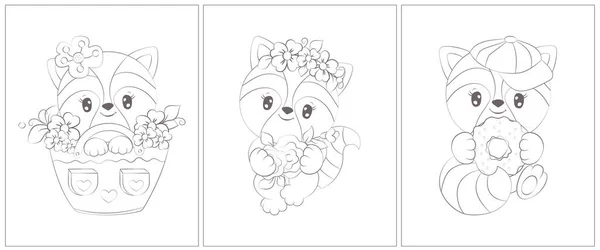 Cute Raccoon Black White Set Pages Coloring Book Cute Animal — Wektor stockowy