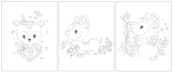 Deer Black White Set Pages Coloring Book Cute Animal Vector — Image vectorielle