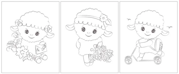 Black White Sheep Set Pages Coloring Book Cute Animal Vector — Image vectorielle