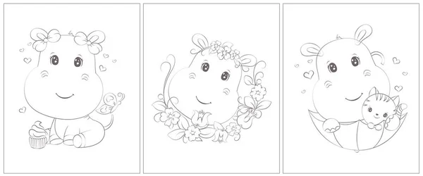 Cute Hippo Coloring Page Set Pages Coloring Book Cute Animal — Image vectorielle
