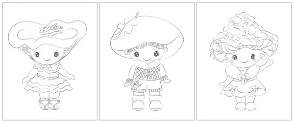 Black White Cartoon Characters Mushroom Set Pages Coloring Book Cute — Stok Vektör