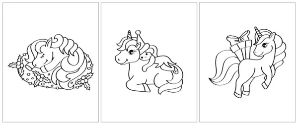 Christmas Unicorn Black White Set Pages Coloring Book Cute Animal — Archivo Imágenes Vectoriales