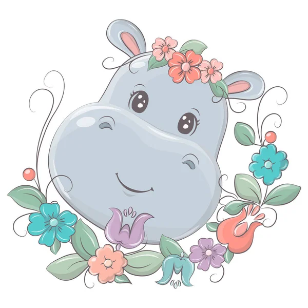 Cara Desenho Animado Hipopótamo Fundo Floral Ilustração Pequena Bonito Hipopótamo —  Vetores de Stock