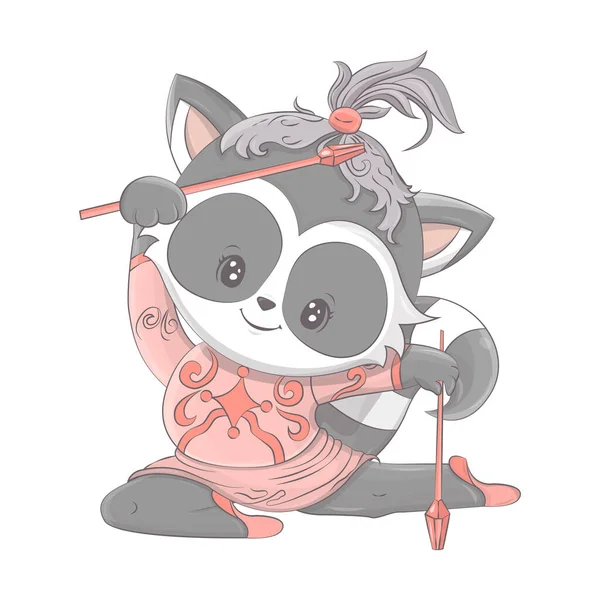 Cartoon Raccoon Sportsman Gymnastics Stick Vector Illustration Cute Animal Cute — Stock Vector
