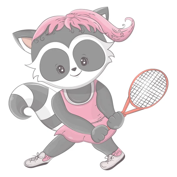 Zeichentrick Waschbär Tennisspieler Vektorillustration Eines Niedlichen Tieres Niedliche Kleine Illustration — Stockvektor