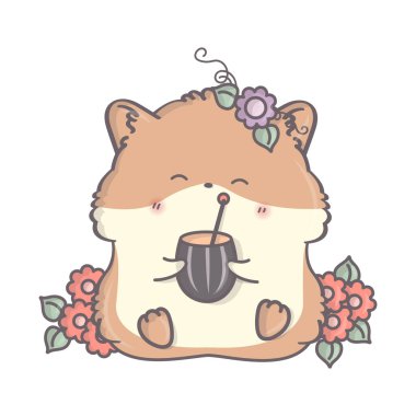 Gülümseyen bir hamsterın Kawaii çizimi. Şirin bir hayvanın vektör çizimi. Çocuklar için küçük şirin bir hamster çizimi, peri masalları, kapaklar, bebek partisi davetiyesi, tekstil tişörtü, bebek kitabı..