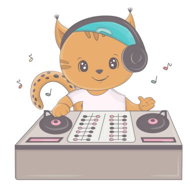 DJ konsolunun arkasındaki vaşağın bir çizimi. Şirin bir hayvanın vektör çizimi. Çocuklar için şirin bir illüstrasyon vaşağı, peri masalları, kapaklar, bebek partisi davetiyesi, tekstil tişörtü, bebek kitabı..