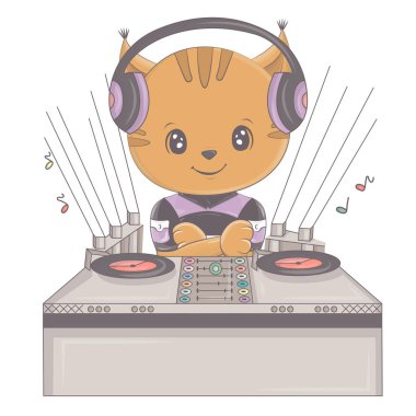 DJ konsolunun arkasındaki vaşağın bir çizimi. Şirin bir hayvanın vektör çizimi. Çocuklar için şirin bir illüstrasyon vaşağı, peri masalları, kapaklar, bebek partisi davetiyesi, tekstil tişörtü, bebek kitabı..