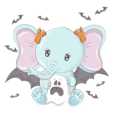 Hayaletli bir Cadılar Bayramı fili. Cadılar Bayramı hayvanının vektör çizimi. Çocuklar için küçük şirin bir illüstrasyon Cadılar Bayramı fili, peri masalları, örtüler, bebek partisi, tekstil tişörtü, bebek kitabı..