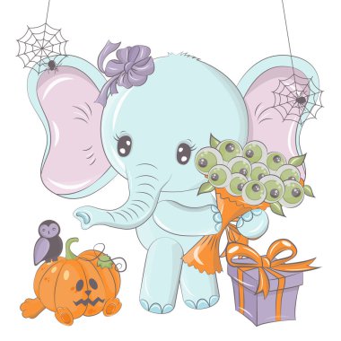 Balkabaklı Cadılar Bayramı fil çizimi. Cadılar Bayramı hayvanının vektör çizimi. Çocuklar için küçük şirin bir illüstrasyon Cadılar Bayramı fili, peri masalları, örtüler, bebek partisi, tekstil tişörtü, bebek kitabı..