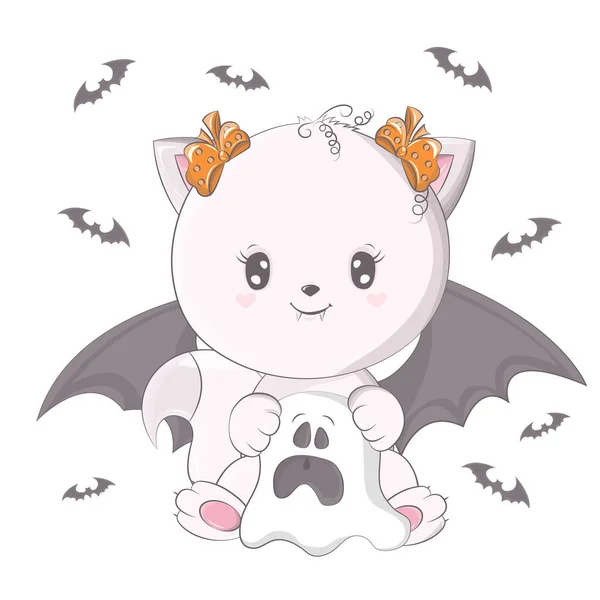 Halloween Kat Met Een Geest Vector Illustratie Van Halloween Dier — Stockvector
