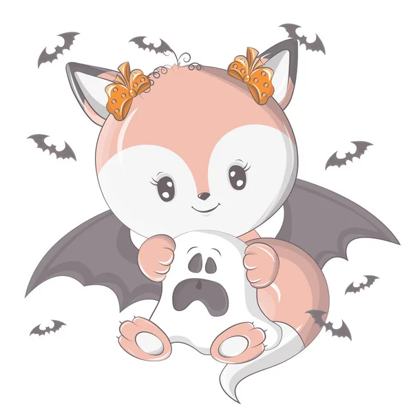Volpe Halloween Con Fantasma Illustrazione Vettoriale Dell Animale Halloween Carino — Vettoriale Stock