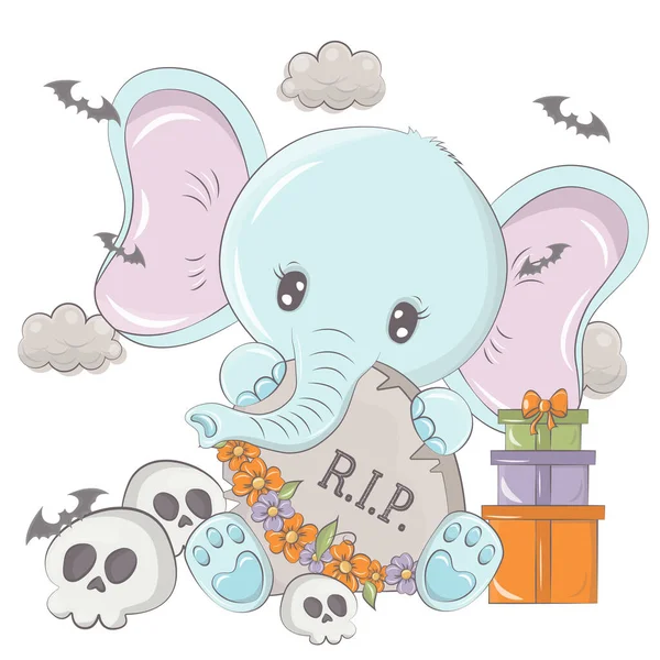 Elefante Halloween Con Teschi Dei Cartoni Animati Illustrazione Vettoriale Dell — Vettoriale Stock