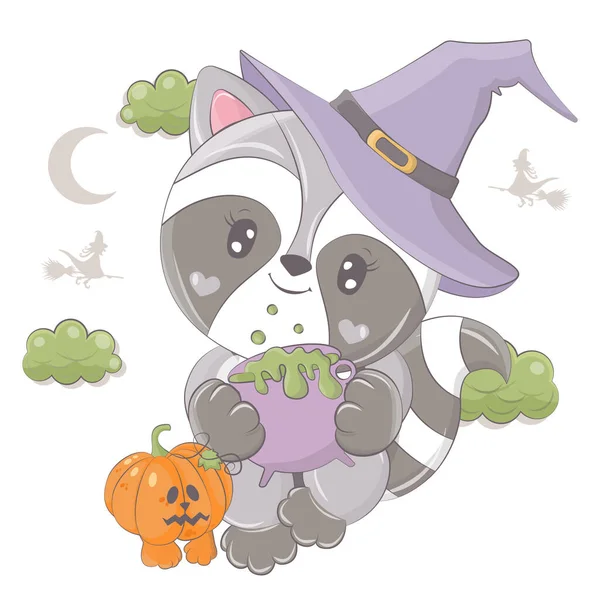 Kreslený Čarodějnický Mýval Dýní Vektorová Ilustrace Halloweenského Zvířete Roztomilá Malá — Stockový vektor