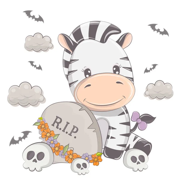 Halloween Zebra Kreslenými Lebkami Vektorová Ilustrace Halloweenského Zvířete Roztomilé Malé — Stockový vektor