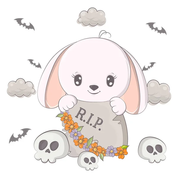 Coniglio Halloween Con Teschi Dei Cartoni Animati Illustrazione Vettoriale Dell — Vettoriale Stock