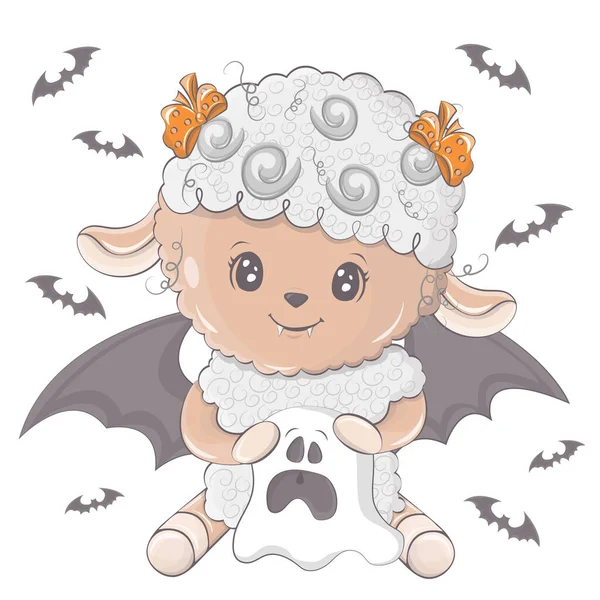 Pecora Halloween Con Fantasma Illustrazione Vettoriale Dell Animale Halloween Carino — Vettoriale Stock