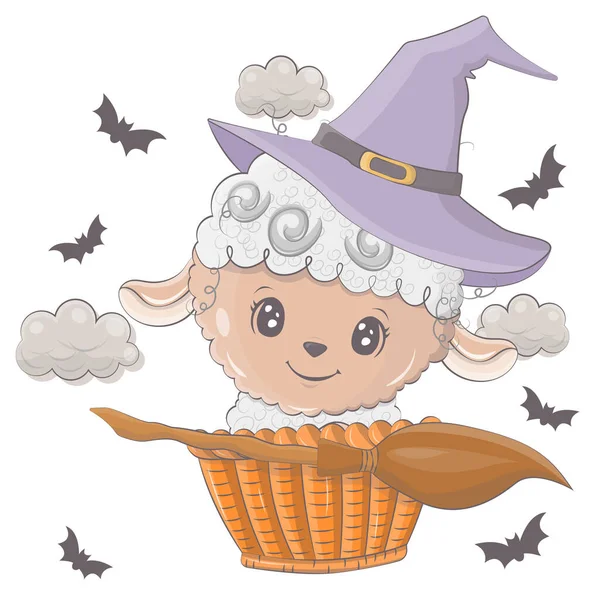 Illustrazione Halloween Una Pecora Con Una Scopa Illustrazione Vettoriale Dell — Vettoriale Stock