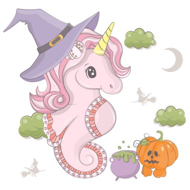 Balkabaklı karikatür cadı deniz atı. Cadılar Bayramı deniz hayvanının vektör çizimi. Çocuklar için küçük şirin bir illüstrasyon Cadılar Bayramı atı, peri masalları, örtüler, bebek partisi, tekstil tişörtü, bebek kitabı..