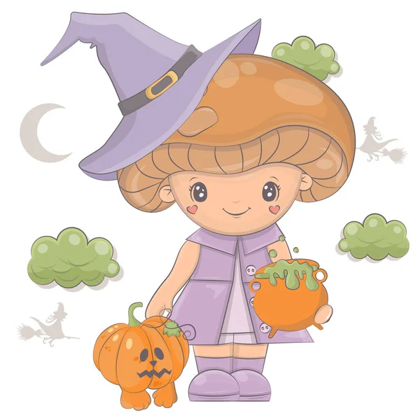 Kreskówkowy Grzyb Wiedźmy Dynią Wektor Ilustracji Postaci Halloween Cute Little — Wektor stockowy