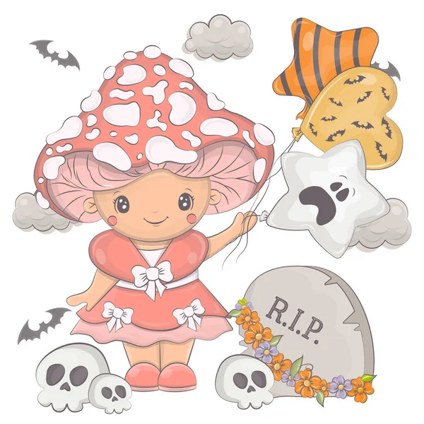 Grzyby Halloween Czaszkami Kreskówek Wektor Ilustracji Postaci Halloween Cute Little — Wektor stockowy