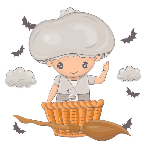 Illustrazione Halloween Fungo Con Una Scopa Illustrazione Vettoriale Del Personaggio — Vettoriale Stock