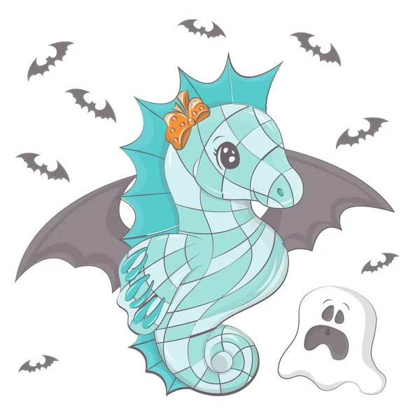 Cavalluccio Marino Halloween Con Fantasma Illustrazione Vettoriale Dell Animale Marino — Vettoriale Stock