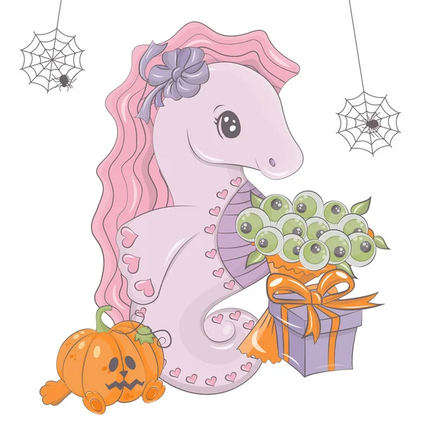 Illustrazione Cavalluccio Marino Halloween Con Zucca Illustrazione Vettoriale Dell Animale — Vettoriale Stock