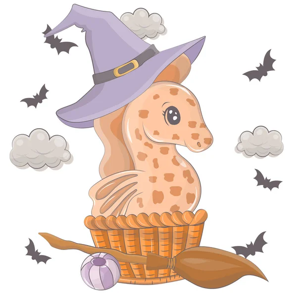 Illustrazione Halloween Cavalluccio Marino Con Una Scopa Illustrazione Vettoriale Dell — Vettoriale Stock